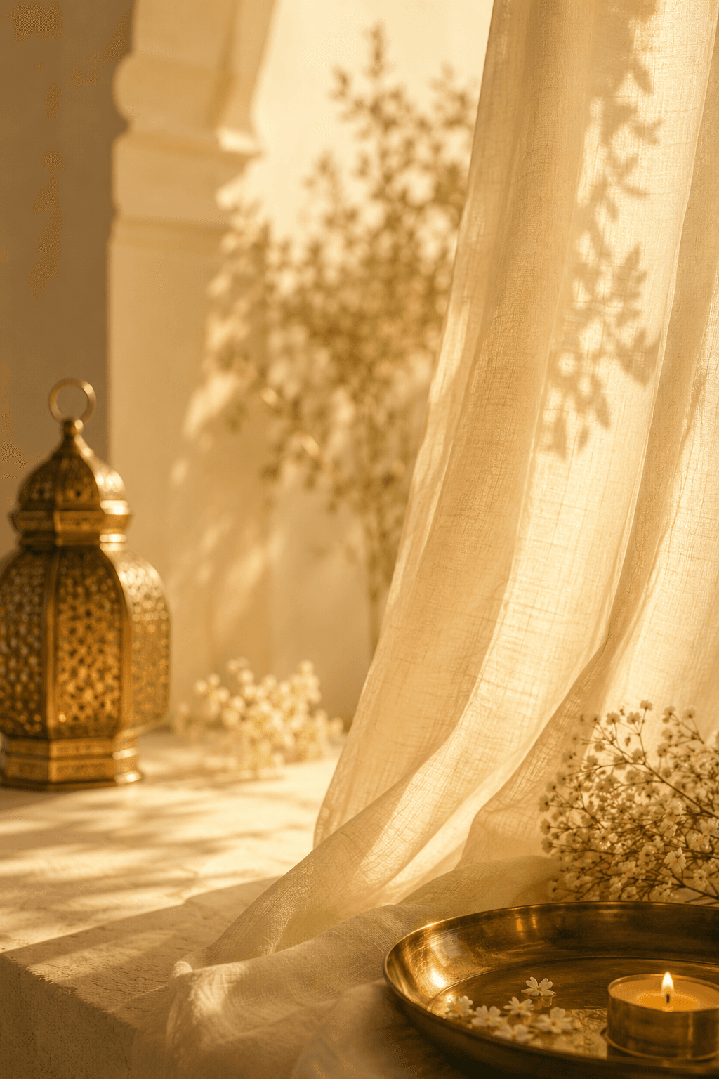 Wedding décor with golden lantern, candles, and draped fabric